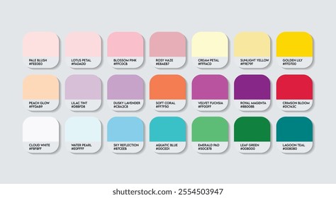 Water Lily Flower Color Palette, Water Lily Flower Color Guide Palette with Color Names. Catalog Samples of Nymphaeaceae Flower colors with RGB HEX code. Fashion Trend lotus color tone shades