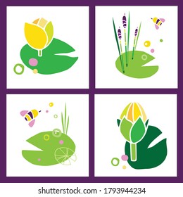 Water lily flower, dragonfly, bee, reeds isolated on white background. Flat style. Design for textile, wrapping paper, post cards, prints for clothes, and emblems.
