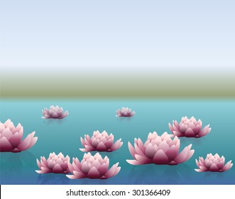 Water lily flowers in lake. Vector 