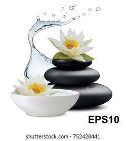 Water lily flowers and zen stone, bowl with water on white background. Vector illustration
