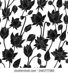 Water lily hand draw outline art seamless vector pattern in black and white. Hand draw illustration of lotus repeater background. 