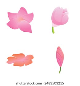 Water lily icons set cartoon vector. Pink water lily or lotus flower. Flower, buddhism symbol