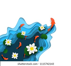 Water lily, koi carp fish swimming in the water. Vector illustration in paper art style. Modern origami design element.