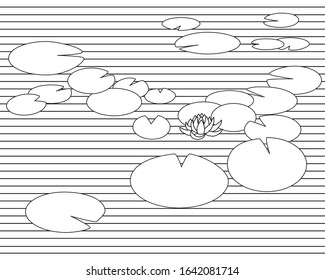  Water lily, lotus water flower and leaves in pond background.  Page for coloring book. Black and white outline vector illustration.