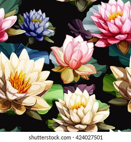 Water lily and Lotus flowers with leaves on black. Seamless background pattern. Hand drawn elements. Vector - stock.