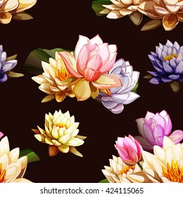 Water lily and Lotus flowers with leaves on black. Seamless background pattern. Hand drawn elements. Vector - stock.