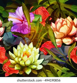 Water lily, Lotus flowers with leaves on black. Seamless background pattern. Hand drawn elements. Vector - stock.