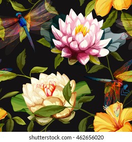 Water lily, Lotus flowers, roses with dragonfly on black. Seamless background pattern. Hand drawn elements. Vector - stock.