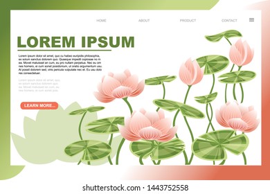 Water lily lotus pink flower with green leaves flat vector illustration on white background horizontal banner design web site page concept