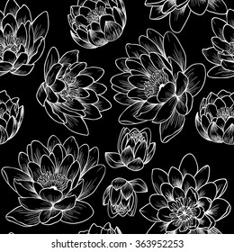 Water lily on a black background.Vector seamless pattern 