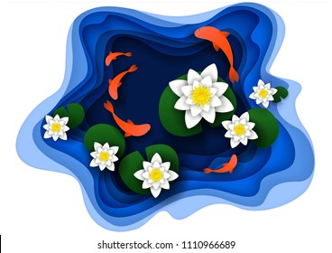 Water lily on lake with koi fish. Vector illustration in paper cut style.