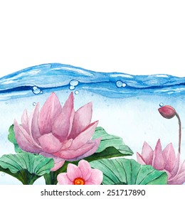 Water lily on water splash background. Hand drawn watercolor oriental nature illustration. Artistic flowers and leaves background in vector