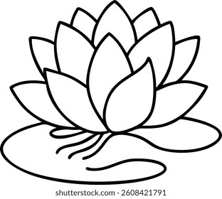 Water Lily in Outline with Broad Petals Floating on Water Vector | Elegant Floral Icon | Minimalist Botanical Design for Logos, Prints, and Decorative Elements