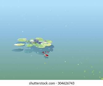 Water Lily pads floating in a lake with gold fishes minimalistic contemporary vector illustration