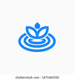 Water Lily In A Pond Linear Logo. Blue Lotus Flower In Water. Vector Template Design.