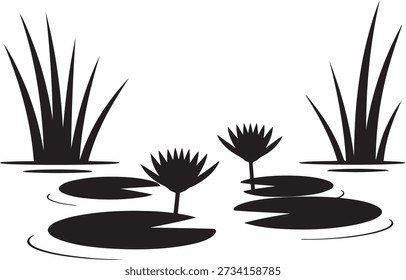 Water Lily Pond with Two Blooming Flowers and Lily Pads Peaceful Nature Scene. Vector Black silhouettes. with white background
