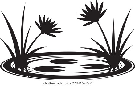 Water Lily Pond with Two Blooming Flowers and Lily Pads Peaceful Nature Scene. Vector Black silhouettes. with white background
