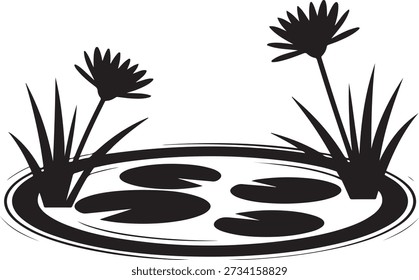 Water Lily Pond with Two Blooming Flowers and Lily Pads Peaceful Nature Scene. Vector Black silhouettes. with white background
