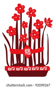 Water lily in pot, tied with a ribbon and with Chinese character "Fortune"