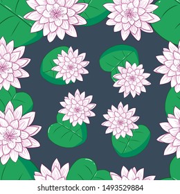 Water Lily Seamles Pattern White color and dark background