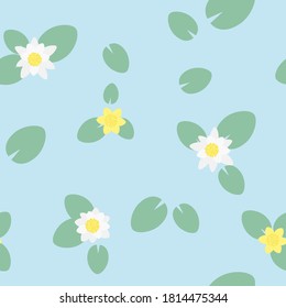 Water lily seamless pattern with abstract green leaves on blue background. Bright and warm color palette. Vector design.