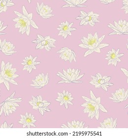 Water lily seamless pattern. Background or fashion design for textile, fabric with water lilies for girls. Modern floral print