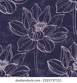 Water lily seamless pattern with a contemporary Asian twist. Featuring a beautiful blossom flower illustration on an art deco-inspired background. Enhanced by elegant  art, this vector floral design.