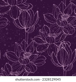 Water lily seamless pattern with a contemporary Asian twist. Featuring a beautiful blossom flower illustration on an art deco-inspired background. Enhanced by elegant  art, this vector floral design.