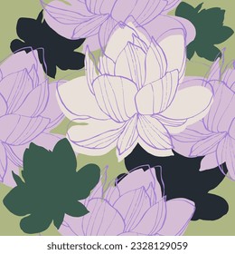 Water lily seamless pattern with a contemporary Asian twist. Featuring a beautiful blossom flower illustration on an art deco-inspired background. Enhanced by elegant  art, this vector floral design.