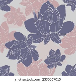 Water lily seamless pattern with a contemporary Asian twist. Featuring a beautiful blossom flower illustration on an art deco-inspired background. Enhanced by elegant  art, this vector floral design.