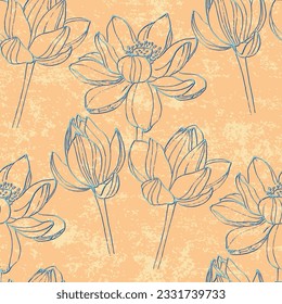 Patrón de lirios de agua sin costura con un toque asiático contemporáneo. Con una hermosa ilustración de flores en flor sobre un fondo inspirado en el arte deco. Mejorado por el arte elegante, este diseño vectorial floral.