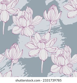 Water lily seamless pattern with a contemporary Asian twist. Featuring a beautiful blossom flower illustration on an art deco-inspired background. Enhanced by elegant  art, this vector floral design.