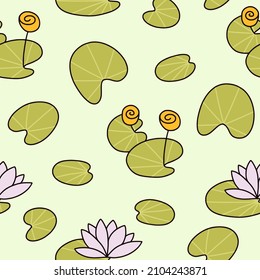 Water lily seamless pattern. Doodle cartoon lotus, lily pad pond print. Abstract green background.