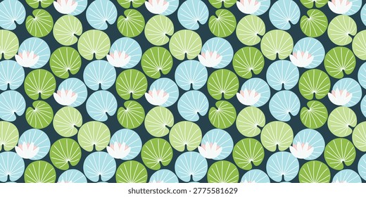 Water lily seamless pattern on dark. Pond leaf background for house decor, fabric print, nature wallpaper. Vector illustration