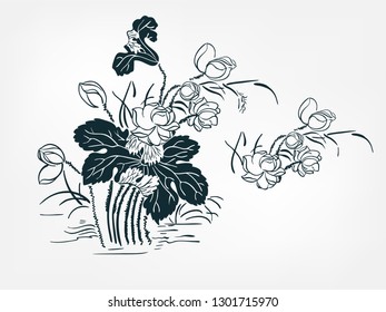 water lily set collection japanese chinese oriental vector ink style design elements illustration