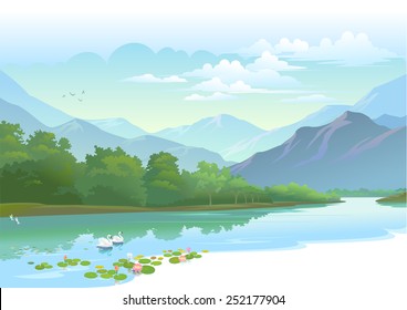 Water lily and swan in a beautiful lake