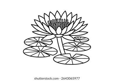Ilustração de arte de linha de vetor de lírio de água com almofadas detalhadas e flor para desenhos aquáticos