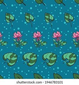 Water lily vector seamless pattern on blue background