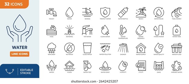 Water line editable icon set. Containing water, drop, rain, glass of water, shower, drinking water and more. Editable stroke. Vector illustration