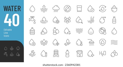 Water Line Editable Icons set. Vector illustration in modern thin line style of aqua related icons: water bottles, cleaning and other characteristics. Pictograms and infographic. Isolated on white.