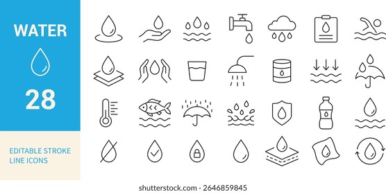 Water Line Editable Icons Set. Drops, Rain, Shower, Tap, Bottle, Swimming, Protection, and More. Vector Illustration.