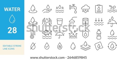 Water Line Editable Icons Set. Drops, Rain, Shower, Tap, Bottle, Swimming, Protection, and More. Vector Illustration.