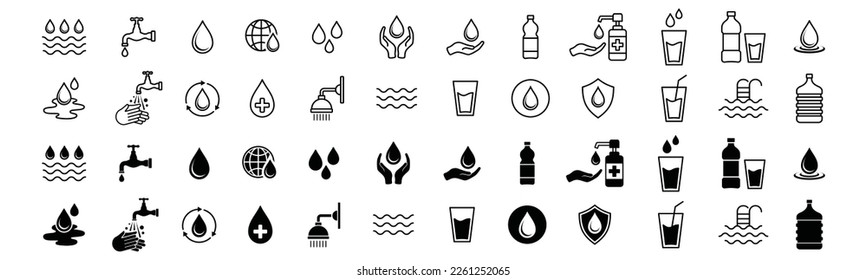 Vector de línea de agua e iconos planos. Agua con trazo editable. Colección de iconos de agua. Gotas de agua, grietas, caídas de lluvia, globo, salva, botella, vidrio, charco, ciclo, lavarse las manos, ducha, ola y otros