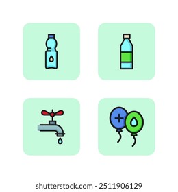 Water line icon set. Bottling of water. Packaging in plastic bottles concept. Vector illustration for web design and apps