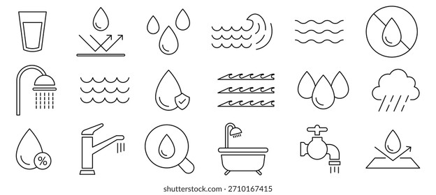 Conjunto de iconos de línea de agua. Conjunto de iconos de línea de agua potable. Gotas de agua, grifo, gotas de lluvia, vidrio, charco, lavado, ducha, ola y otros iconos. Ilustración vectorial.