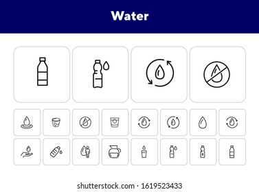 Water line icon set. Drop, bottle, glass, jar. Water concept. Can be used for topics like fresh water, nature, ecology, recycling