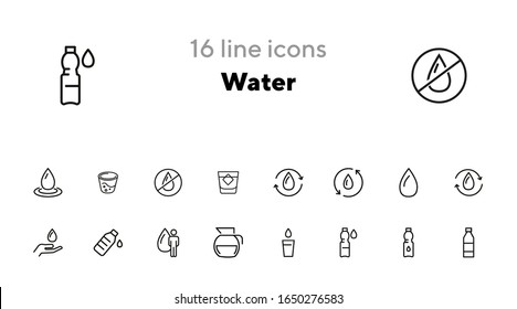 Water line icon set. Drop, bottle, glass, jar. Water concept. Can be used for topics like fresh water, nature, ecology, recycling