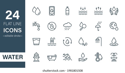 Water Line Icon Set. Drop Water Thin Linear Icon. Mineral Water, Low and High Tide, Shower, Plastic Bottle and Glass Outline Pictogram. Fire Hydrant and Fountain. Editable stroke. Vector illustration.