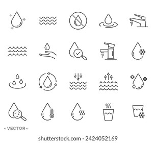 Juego de iconos de la línea de agua, Icono lineal delgado del agua, Agua mineral, marea baja y alta, ducha, contorno de vidrio, evaporación de agua, fuente, símbolo de línea delgada, trazo editable eps 10 Ilustración vectorial.