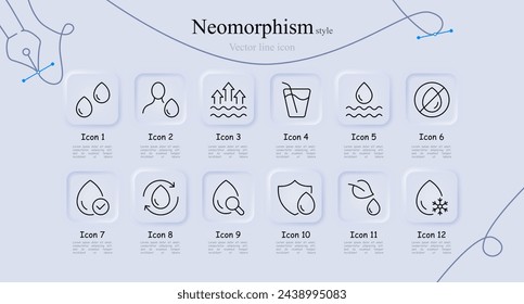 Water line icon set. Drop, whirlpool, shield, magnifying glass, snowflake, thirst, drink. Neomorphism style. Vector line icon for Business